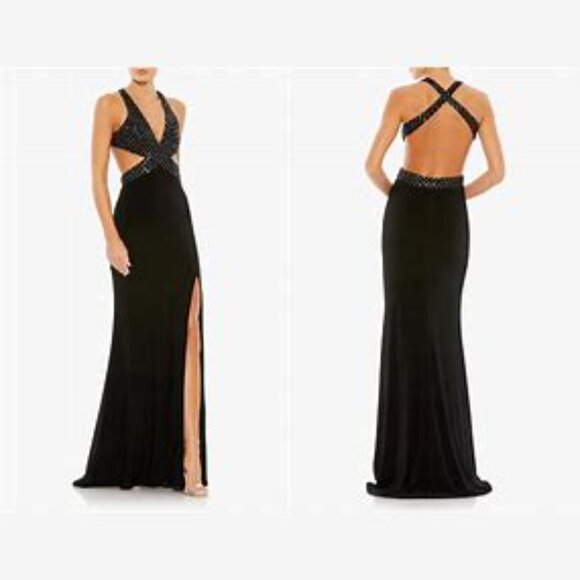 Mac Duggal NWT Black Deep V Embellished Crisscross Maxi Dress Size 2 #68… - Picture 1 of 10